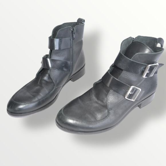 Top Shop Moto Bootie Black Leather Silver Buckle Made In Spain Buckle Ankle 7 - Picture 2 of 9